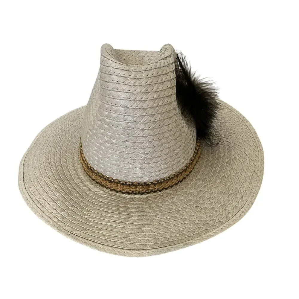 Western Straw Cowboy Hat Sz 6 7/8 Feather Hatband Country Ranch‎ Apache